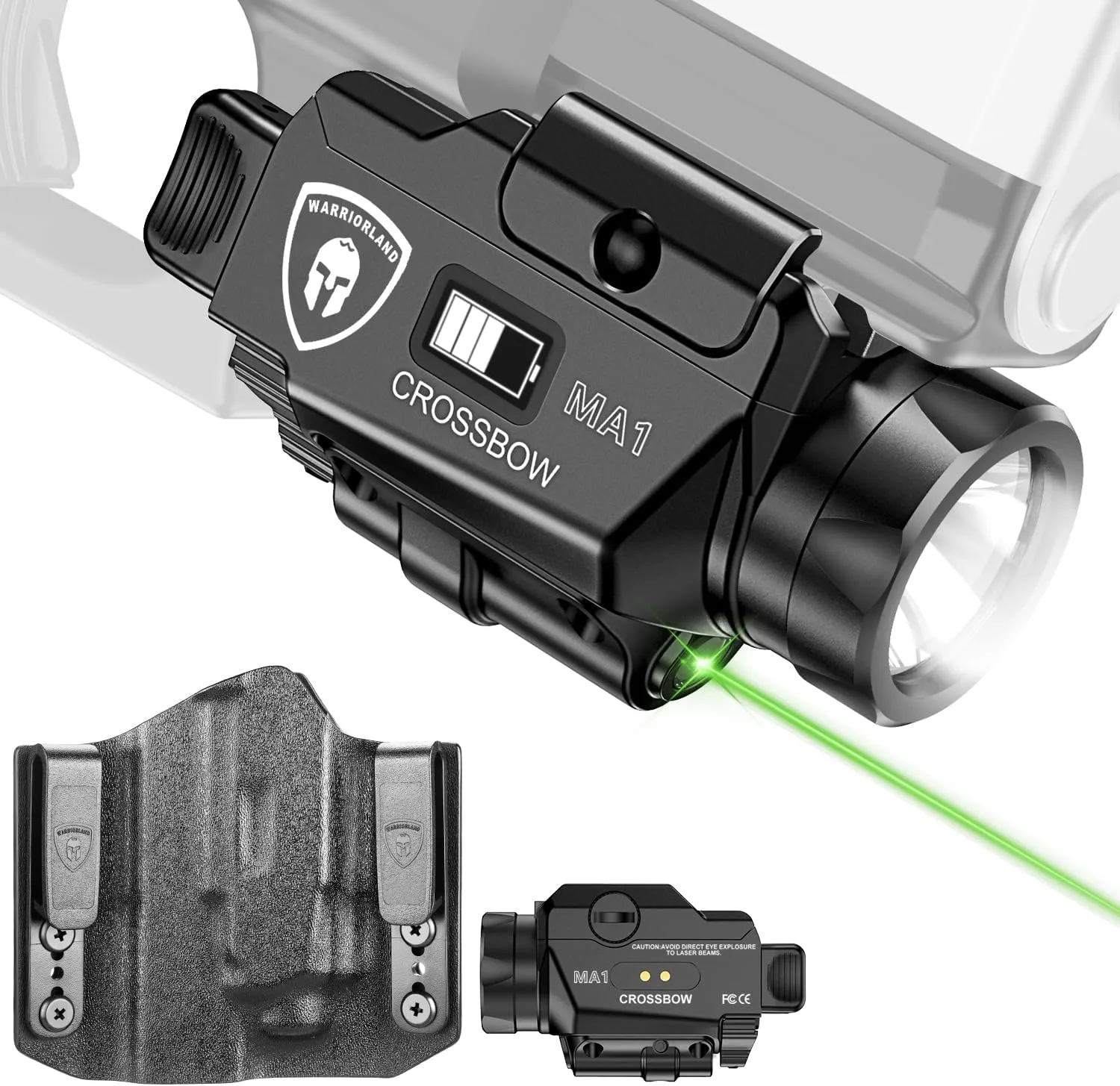WARRIORLAND MA1 Laser Light Combo Holster, Fit for Glock 17/19 Gen 3-5 & 22/23/ 31/32 Gen 3-4 & Glock 19X/ 44/45, Compact 800 Lumen LED Gun Flashlight and Green Laser & OWB Holster, Rechargeable