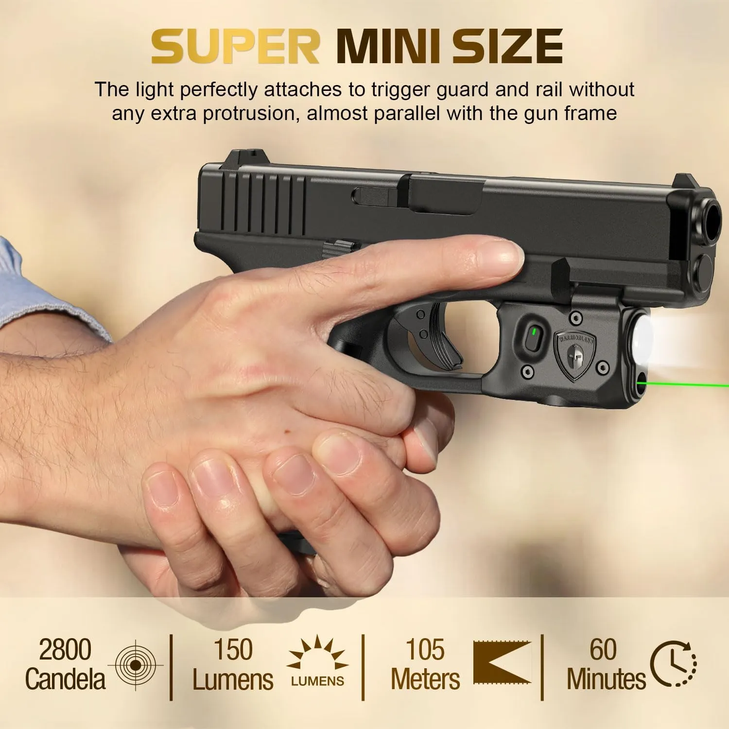 WARRIORLAND Pistol Light Laser Combo Fits Glock 17/19 Gen 3-5, Glock 22/23/31/32 Gen 3-4 & Glock 19X/44/45, Compact 150-Lumen Tactical Weapon Light with Green Laser & White LED Flashlight, SLL-104G
