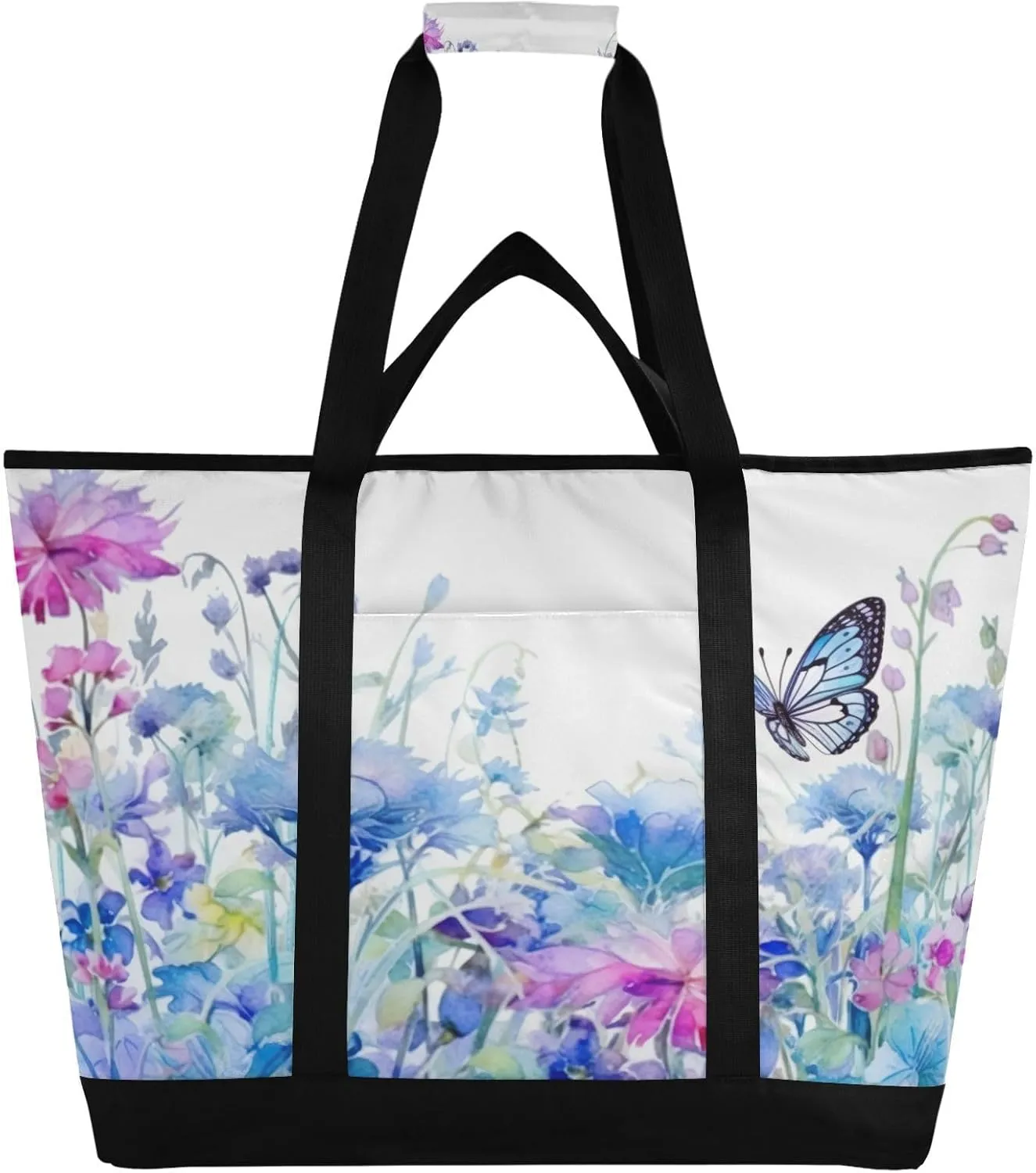 Watercolor Flowers Butterflies Reusable Insulated Lunchbox Cooler Bag, Leakproof Kitchen Grocery Bag Collapsible Portable Cooler Tote Bag for Picnic, Camping, Office, Travel