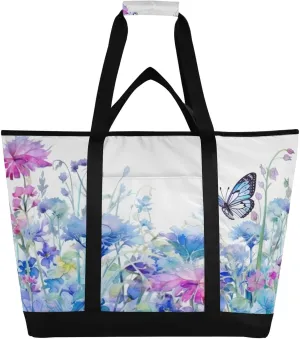 Watercolor Flowers Butterflies Reusable Insulated Lunchbox Cooler Bag, Leakproof Kitchen Grocery Bag Collapsible Portable Cooler Tote Bag for Picnic, Camping, Office, Travel
