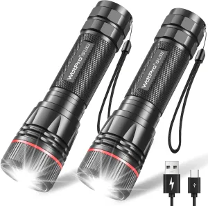 WdtPro Rechargeable Flashlights High Lumens, 2 Pack 10H Long Lasting Super Bright EDC Flashlight, LED Mini Tactical Flash Lights for Camping Emergency, Drop & Water Resistant (Battery Included)