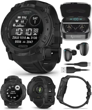Wearable4U Garmin Instinct 3 Tactical Edition, Solar Charging Display, 50mm, Rugged Outdoor GPS Smartwatch, Applied Ballistics Support, LED Flashlight, Multi-Band GPS Black Earbuds Bundle