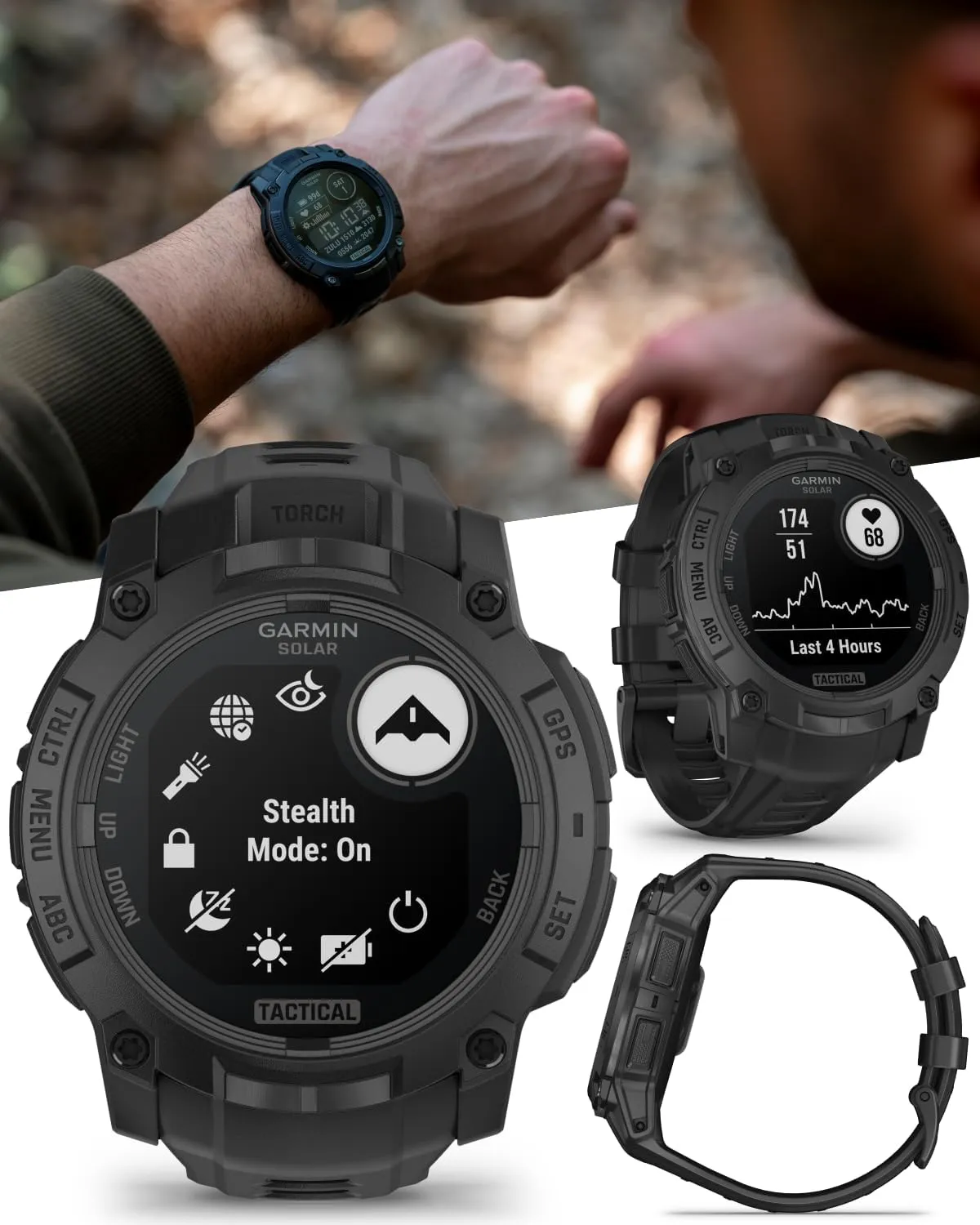 Wearable4U Garmin Instinct 3 Tactical Edition, Solar Charging Display, 50mm, Rugged Outdoor GPS Smartwatch, Applied Ballistics Support, LED Flashlight, Multi-Band GPS Black Earbuds Bundle