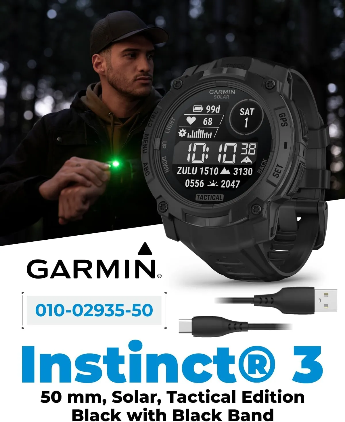 Wearable4U Garmin Instinct 3 Tactical Edition, Solar Charging Display, 50mm, Rugged Outdoor GPS Smartwatch, Applied Ballistics Support, LED Flashlight, Multi-Band GPS Black Earbuds Bundle