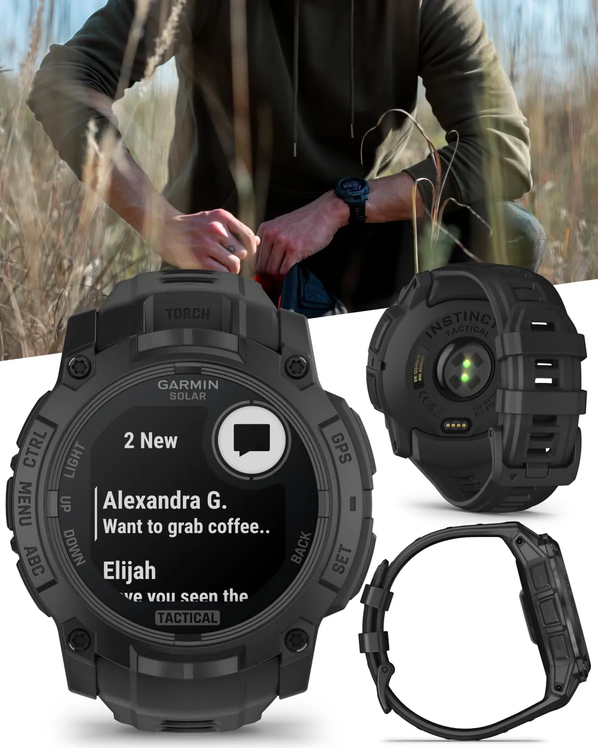Wearable4U Garmin Instinct 3 Tactical Edition, Solar Charging Display, 50mm, Rugged Outdoor GPS Smartwatch, Applied Ballistics Support, LED Flashlight, Multi-Band GPS Black Earbuds Bundle