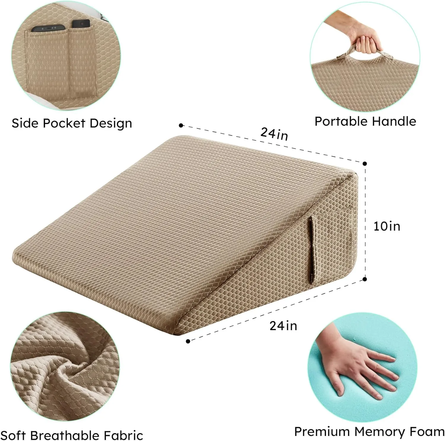 Wedge Pillow for Sleeping, 10 inch Elevated Support Bed Wedge Pillow, Breathable Triangle Pillow Wedge with Cooling Memory Foam Top - Removable Washable Cover, Coffee