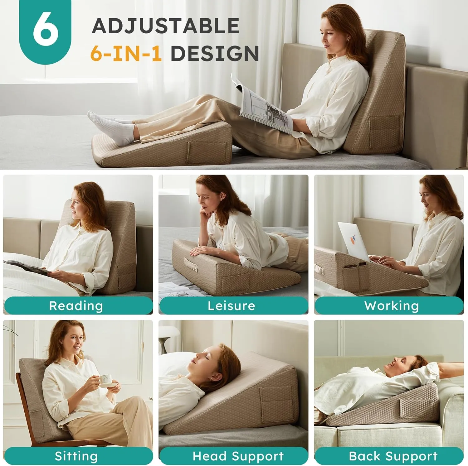 Wedge Pillow for Sleeping, 10 inch Elevated Support Bed Wedge Pillow, Breathable Triangle Pillow Wedge with Cooling Memory Foam Top - Removable Washable Cover, Coffee