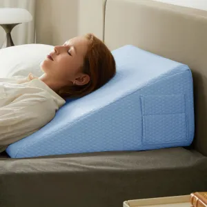 Wedge Pillow for Sleeping, 12 inch Elevated Support Bed Wedge Pillow, Breathable Triangle Pillow Wedge with Cooling Memory Foam Top - Removable Washable Cover, Light Blue