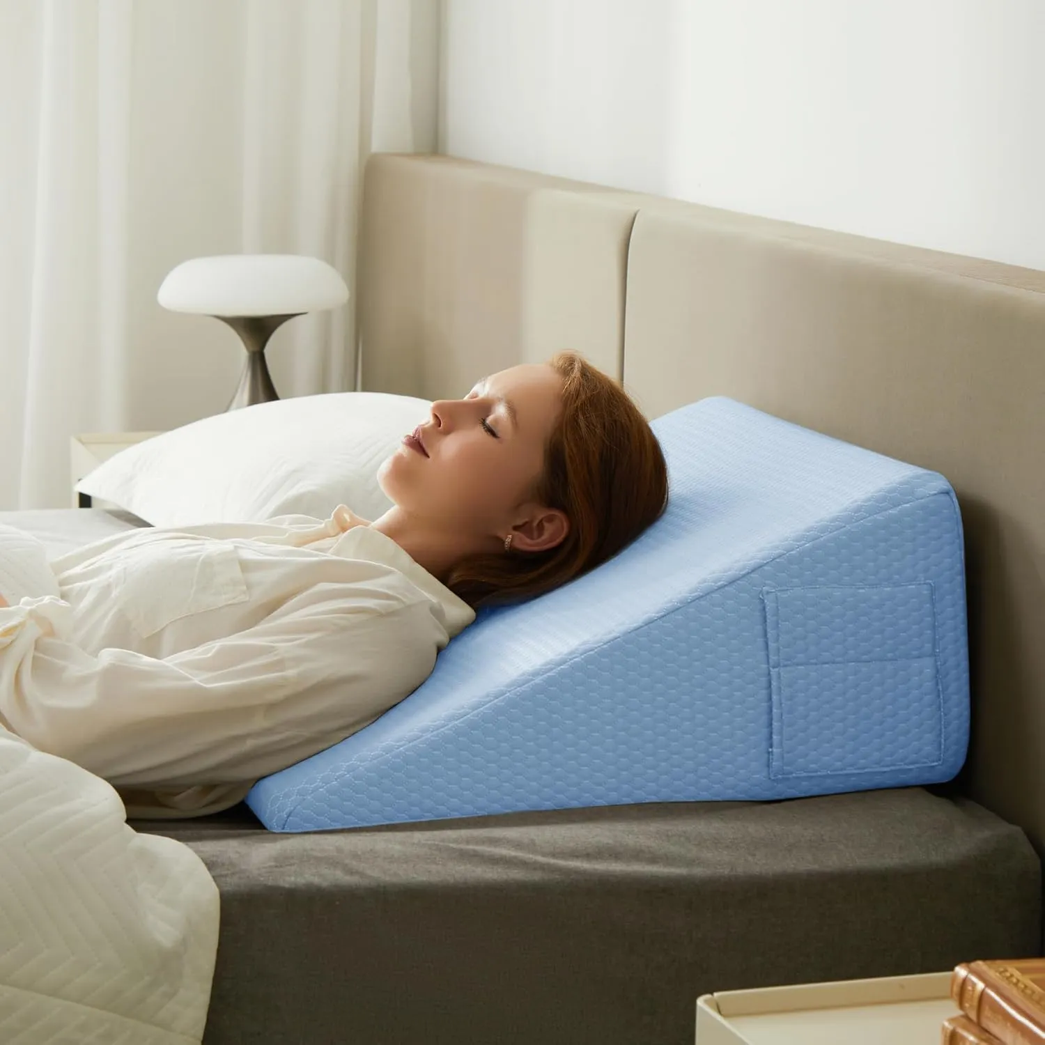 Wedge Pillow for Sleeping, 12 inch Elevated Support Bed Wedge Pillow, Breathable Triangle Pillow Wedge with Cooling Memory Foam Top - Removable Washable Cover, Light Blue