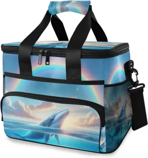 Whale Blue Ocean Rainbow Cooler Bag Insulated Cooler Soft Sided Cooler 24 Can Portable Picnic Bag Large Leakproof Lunch Bag Box for Beach Grocery Camping Travel Car Men Women