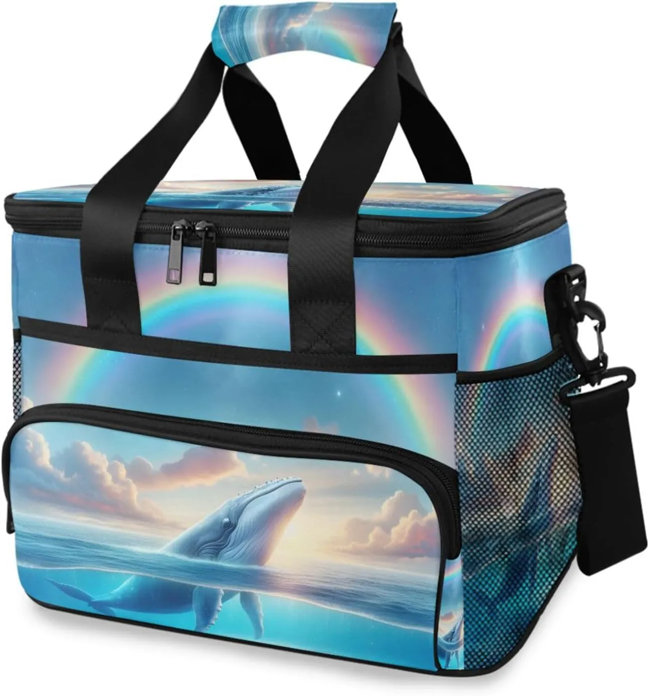 Whale Blue Ocean Rainbow Cooler Bag Insulated Cooler Soft Sided Cooler 24 Can Portable Picnic Bag Large Leakproof Lunch Bag Box for Beach Grocery Camping Travel Car Men Women