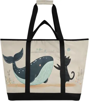 Whale Cartoon Cat Large Insulated Reusable Tote Bag for Grocery Shopping for Women Men, Cooler Bag with Zippered Top & Handles for Travel Beach Picnic