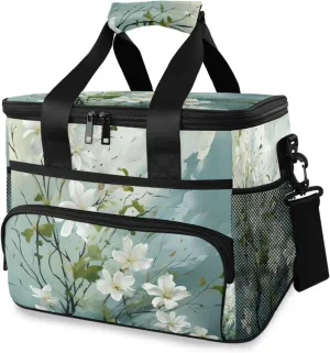 White Flower Tropical Plant Pattern Cooler Bag Insulated Cooler Soft Sided Cooler 24 Can Portable Picnic Bag Large Leakproof Lunch Bag Box for Beach Grocery Camping Travel Car Men Women