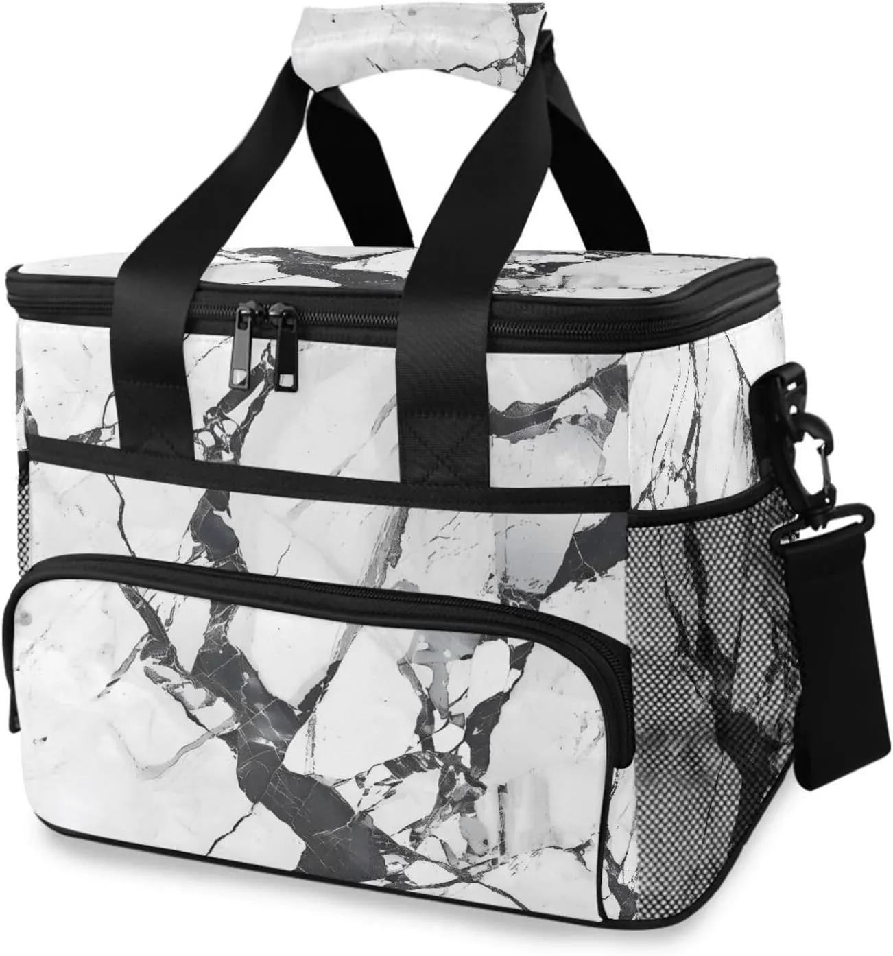 White Marble Black Cooler Bag Insulated Cooler Soft Sided Cooler 24 Can Portable Picnic Bag Large Leakproof Lunch Bag Box for Beach Grocery Camping Travel Car Men Women