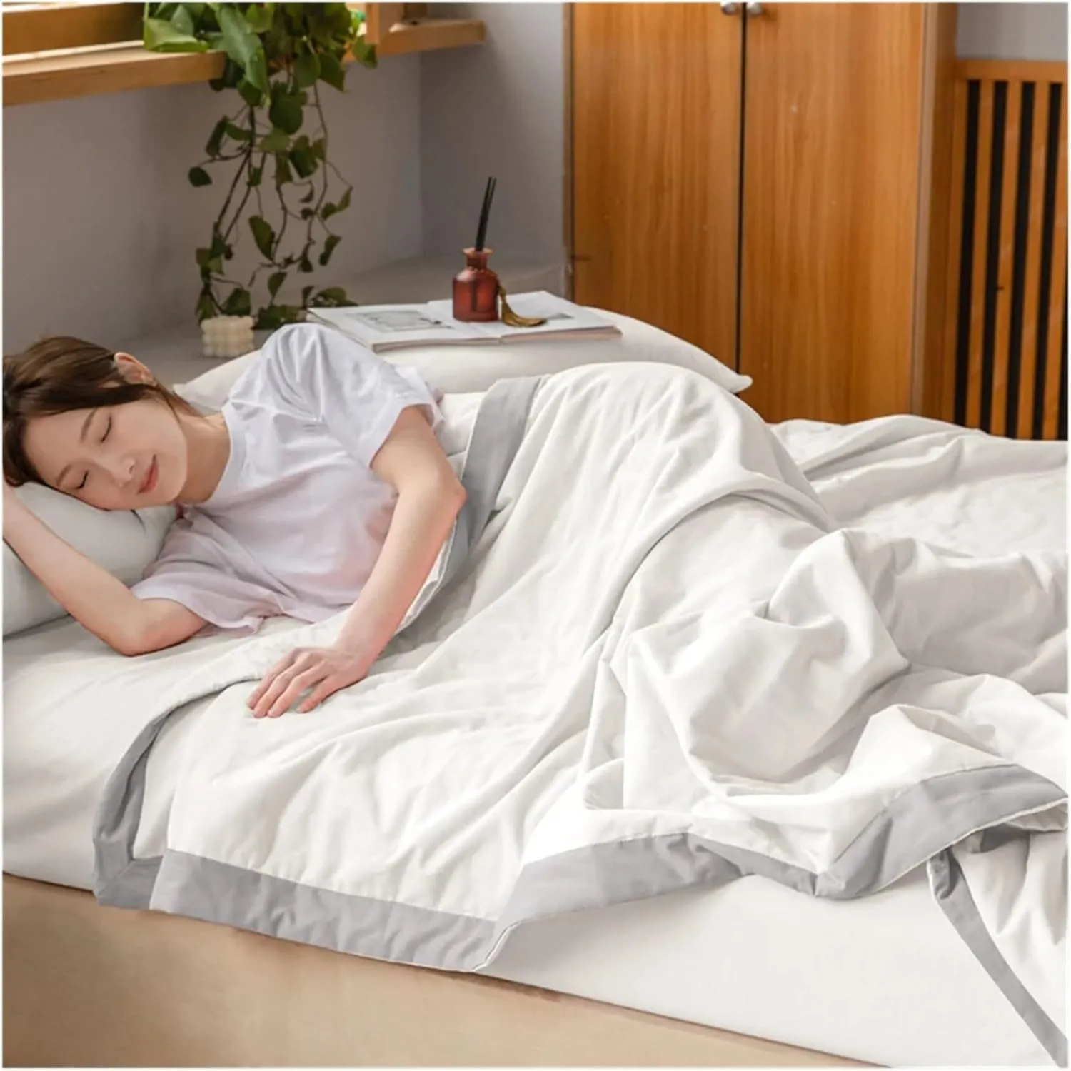 White Solid Cool Summer Air Condition Quilt Stitching Throws Washable Cotton Filler Twin Queen Size Blanket(B,Twin Size Quilt)