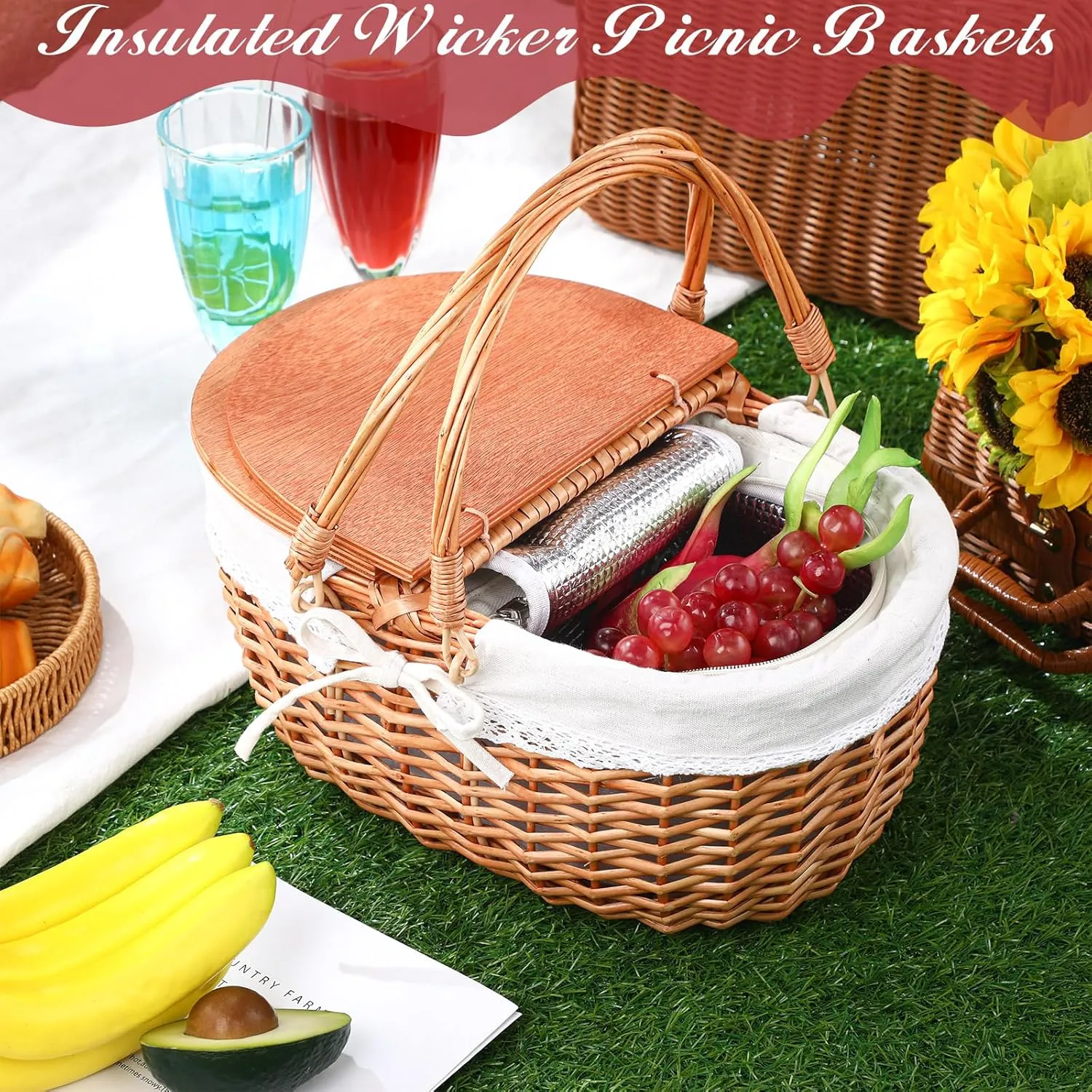 Wicker Insulated Picnic Basket with Lid Wicker Picnic Basket with Folding Handles and Insulated Cooler Bag for Camping Outdoor Easter Valentine Birthday Gift(White,Cooler)
