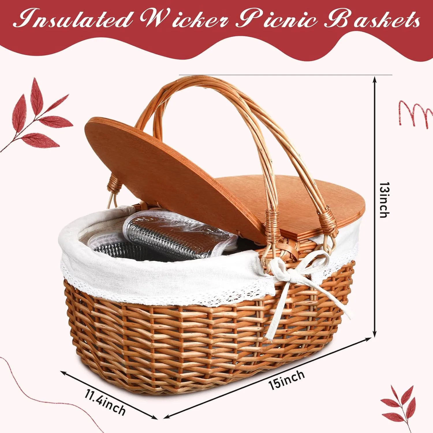 Wicker Insulated Picnic Basket with Lid Wicker Picnic Basket with Folding Handles and Insulated Cooler Bag for Camping Outdoor Easter Valentine Birthday Gift(White,Cooler)