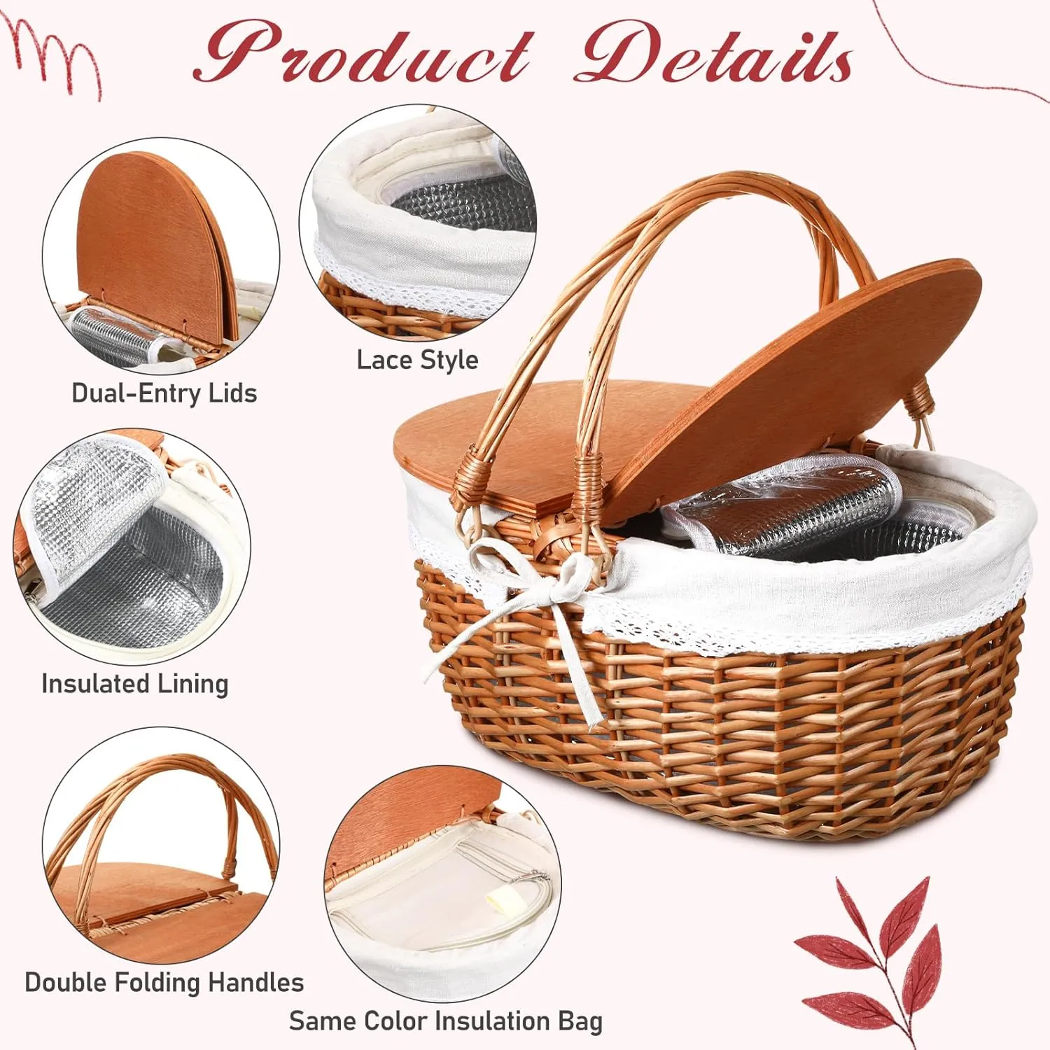 Wicker Insulated Picnic Basket with Lid Wicker Picnic Basket with Folding Handles and Insulated Cooler Bag for Camping Outdoor Easter Valentine Birthday Gift(White,Cooler)
