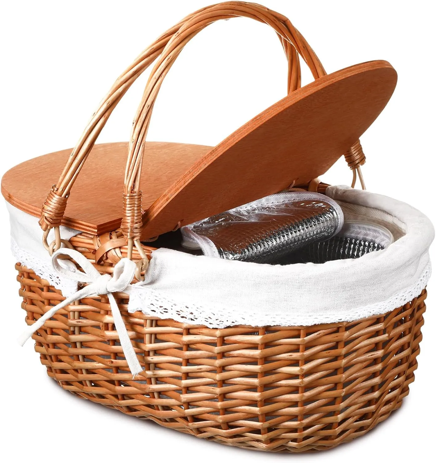 Wicker Insulated Picnic Basket with Lid Wicker Picnic Basket with Folding Handles and Insulated Cooler Bag for Camping Outdoor Easter Valentine Birthday Gift(White,Cooler)