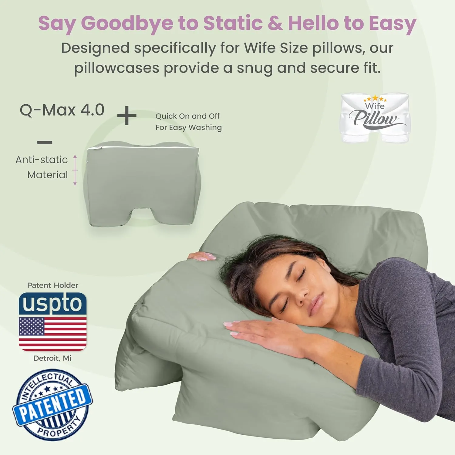 Wife Pillow Cooling Pillowcase: Q-Max 0.4 Cool Fabric, Buttery-Soft, Breathable, Silky-Smooth & Skin Friendly. Washable Cover with Zipper. Designed for Comfortable and Refreshing Sleep, Sage Slumber