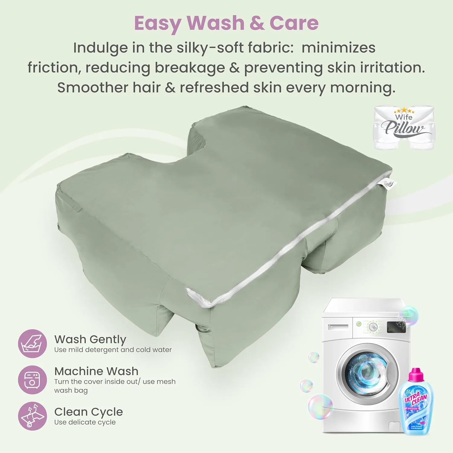 Wife Pillow Cooling Pillowcase: Q-Max 0.4 Cool Fabric, Buttery-Soft, Breathable, Silky-Smooth & Skin Friendly. Washable Cover with Zipper. Designed for Comfortable and Refreshing Sleep, Sage Slumber