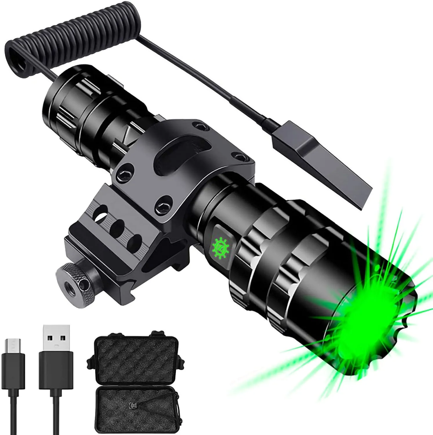 WINDFIRE Green Light Tactical Flashlight 1200 Lumens LED Hunting Hog Coyote Predator Weapon Lights Rechargeable 5 Modes Torch with Picatinny Rail Mount, Pressure Switch, Battery