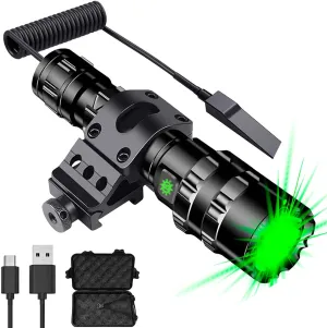 WINDFIRE Green Light Tactical Flashlight 1200 Lumens LED Hunting Hog Coyote Predator Weapon Lights Rechargeable 5 Modes Torch with Picatinny Rail Mount, Pressure Switch, Battery