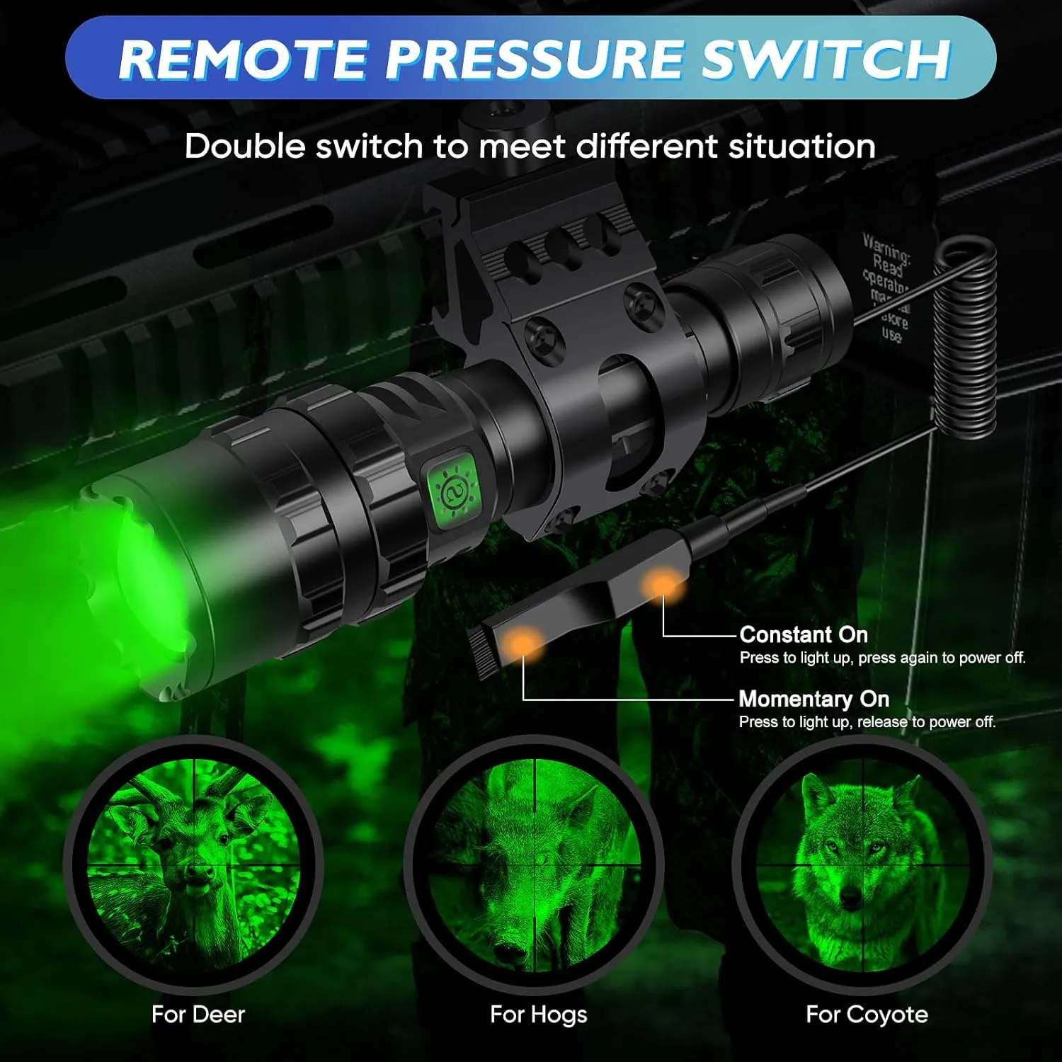 WINDFIRE Green Light Tactical Flashlight Rechargeable, Long Range Hunting Flashlight, 5 Modes Predator Light with Pressure Switch for Hogs,Coyotes, Varmints, Night Observation