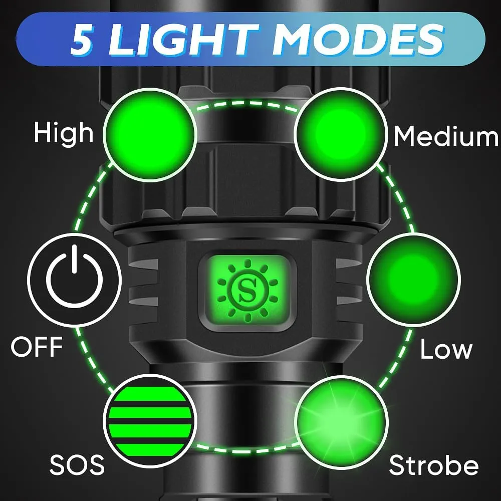 WINDFIRE Green Light Tactical Flashlight Rechargeable, Long Range Hunting Flashlight, 5 Modes Predator Light with Pressure Switch for Hogs,Coyotes, Varmints, Night Observation