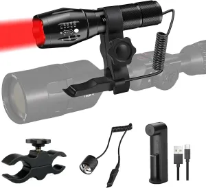 WINDFIRE Red Light Flashlight Super Bright Red Light Hunting Flashlight, Zoomable Red Tactical Flash Light Red Coyote Hog Hunting Light with Scope Mount and Pressure Switch