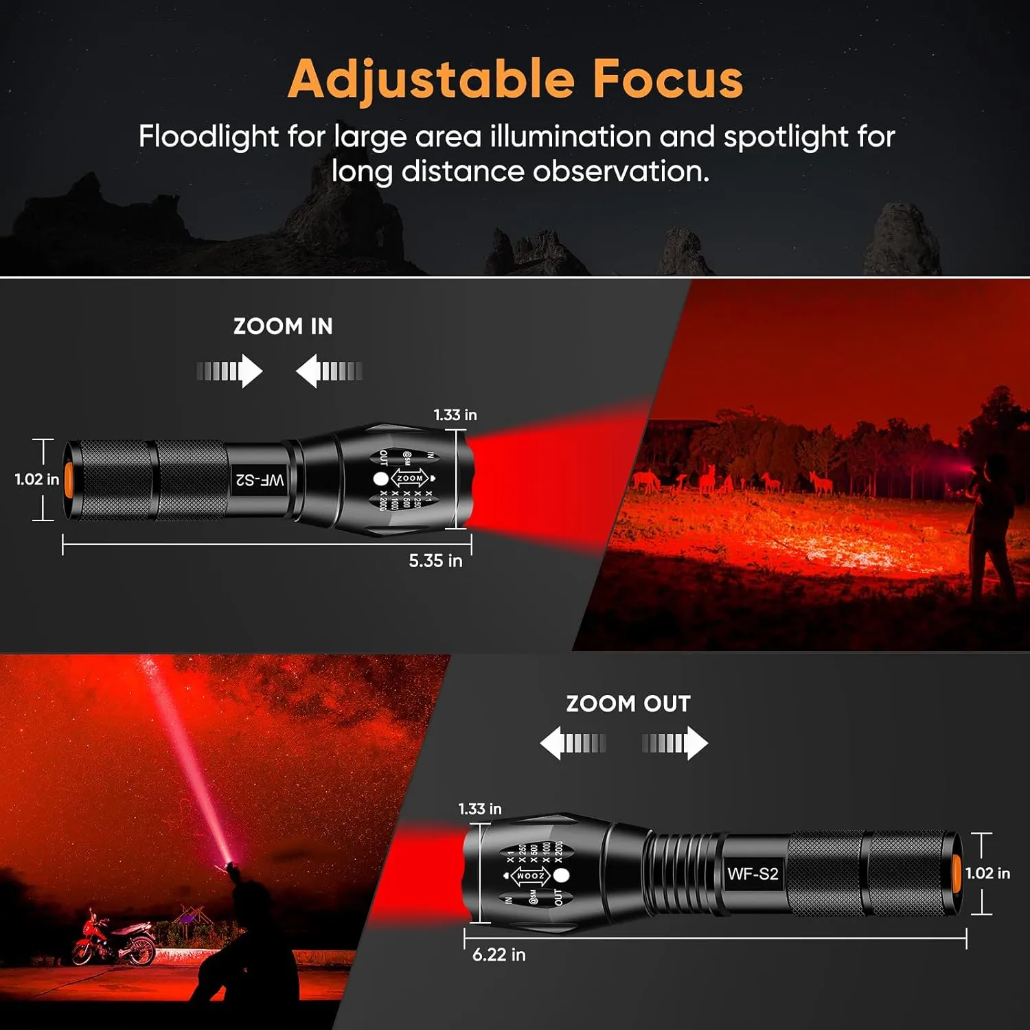 WINDFIRE Red Light Flashlight Super Bright Red Light Hunting Flashlight, Zoomable Red Tactical Flash Light Red Coyote Hog Hunting Light with Scope Mount and Pressure Switch