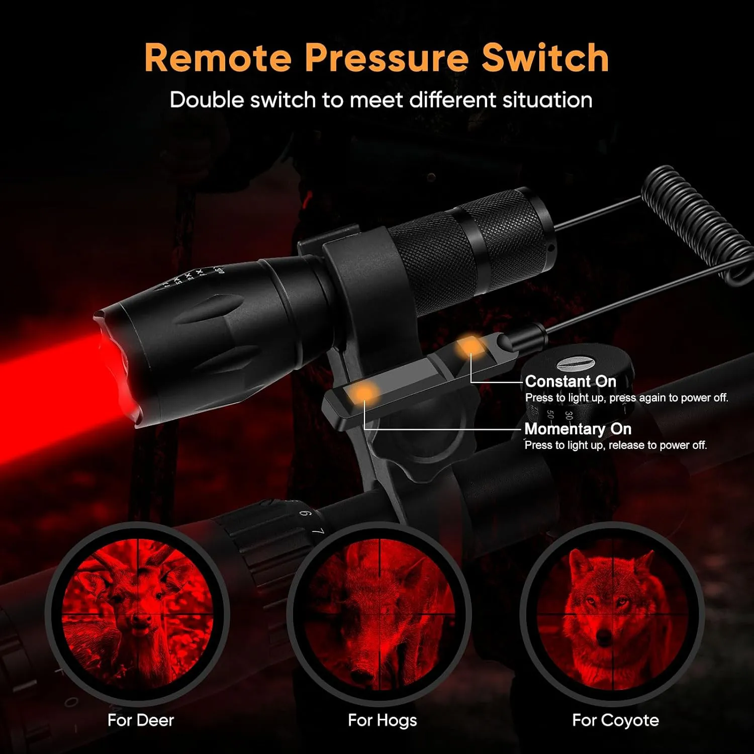 WINDFIRE Red Light Flashlight Super Bright Red Light Hunting Flashlight, Zoomable Red Tactical Flash Light Red Coyote Hog Hunting Light with Scope Mount and Pressure Switch