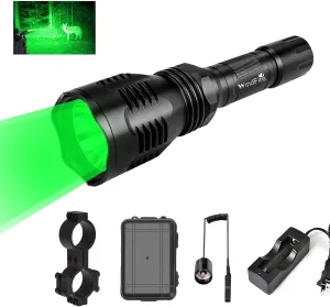 WINDFIRE WF-802 Tactical Green Flashlight Waterproof 350 Lumens 250 Yard Long Range Throwing LED Predator Light Coyote Hog Hunting Lights with Pressure Switch & 1“ Scope Mount