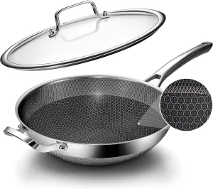 Wok pan,13 inch Hybrid Wok with Lid,PFOA Free Cookware,Non Stick Stainless Steel Woks & Stir-fry pans Nonstick, Dishwasher and Oven Safe, Works on Induction