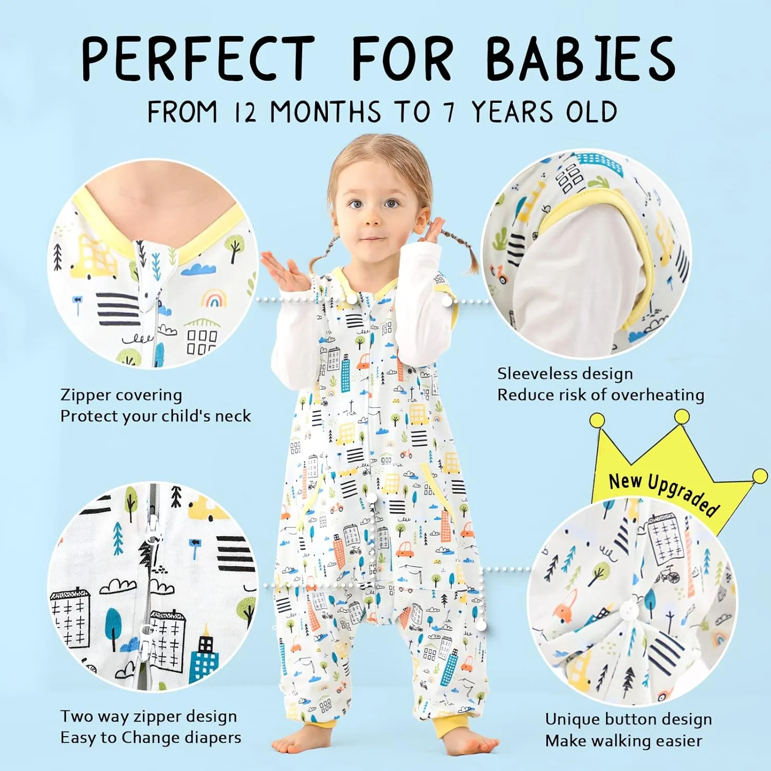 WONDAY Baby Toddler Sleep Sack with feet, Sleep Sack with Legs Baby Wearable Blanket, Sleeveless Toddler Sleeping Sack with Feet（Car,12month-2T)