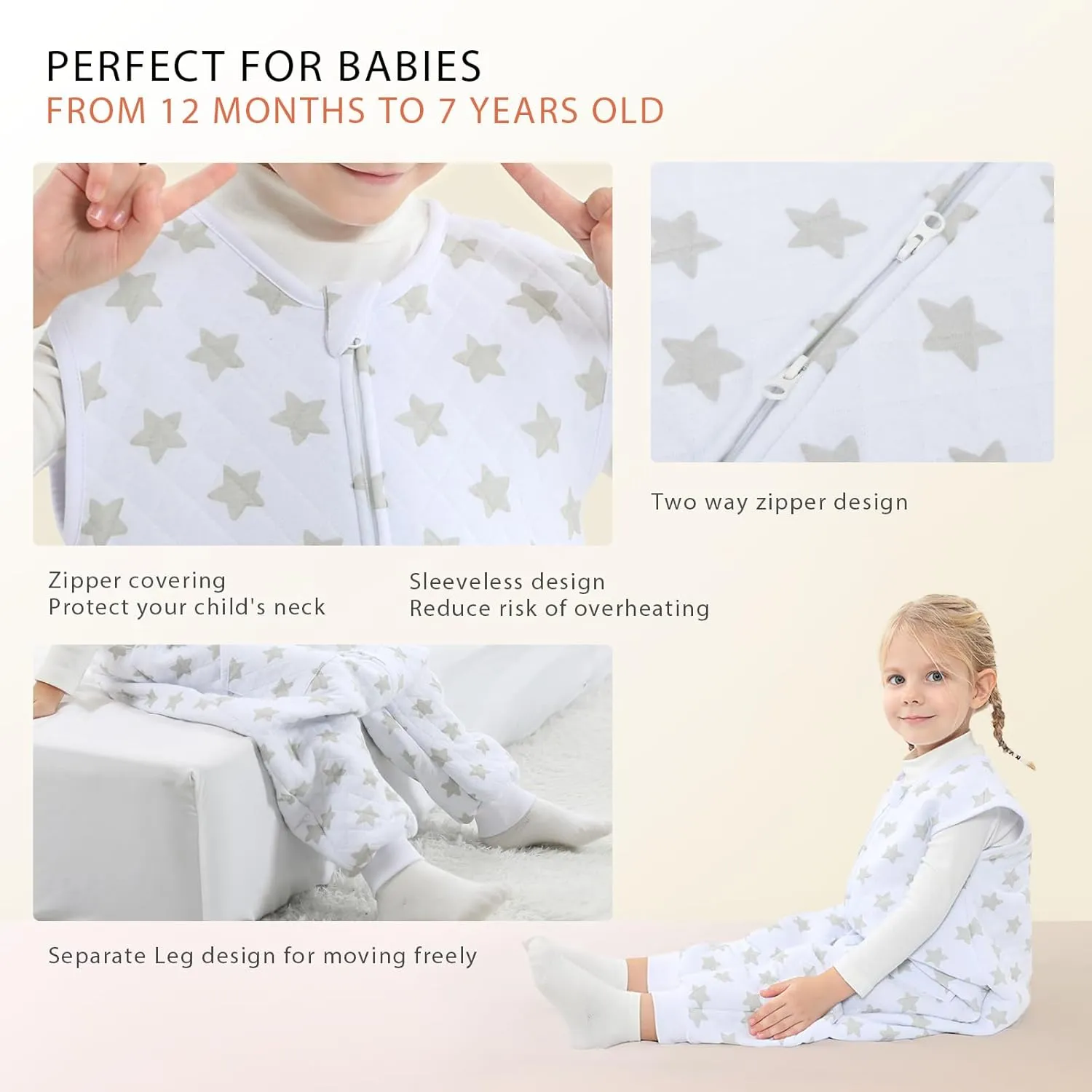 WONDAY Toddler Sleep Sack with Feet 100% Cotton 1.0 Tog Baby Sleeping Wearable Blanket 12-18 18-24 Months (Greystar,12-24 Month)