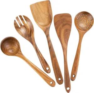 Wood Utensils Set for Cooking, Teak Wooden Utensils Set Wood Spatula for Nonstick Cookware Kitchen Utensils Set 5