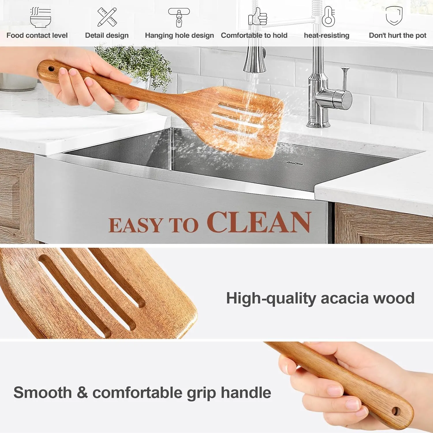 Wooden Cooking Utensils, 6 Pieces Natural Acacia Wooden Spoons For Cooking with Non Stick & Heat Resistant Design, Wooden Kitchen Utensil Set with Hanging Hole for Stirring, Mixing, Cooking
