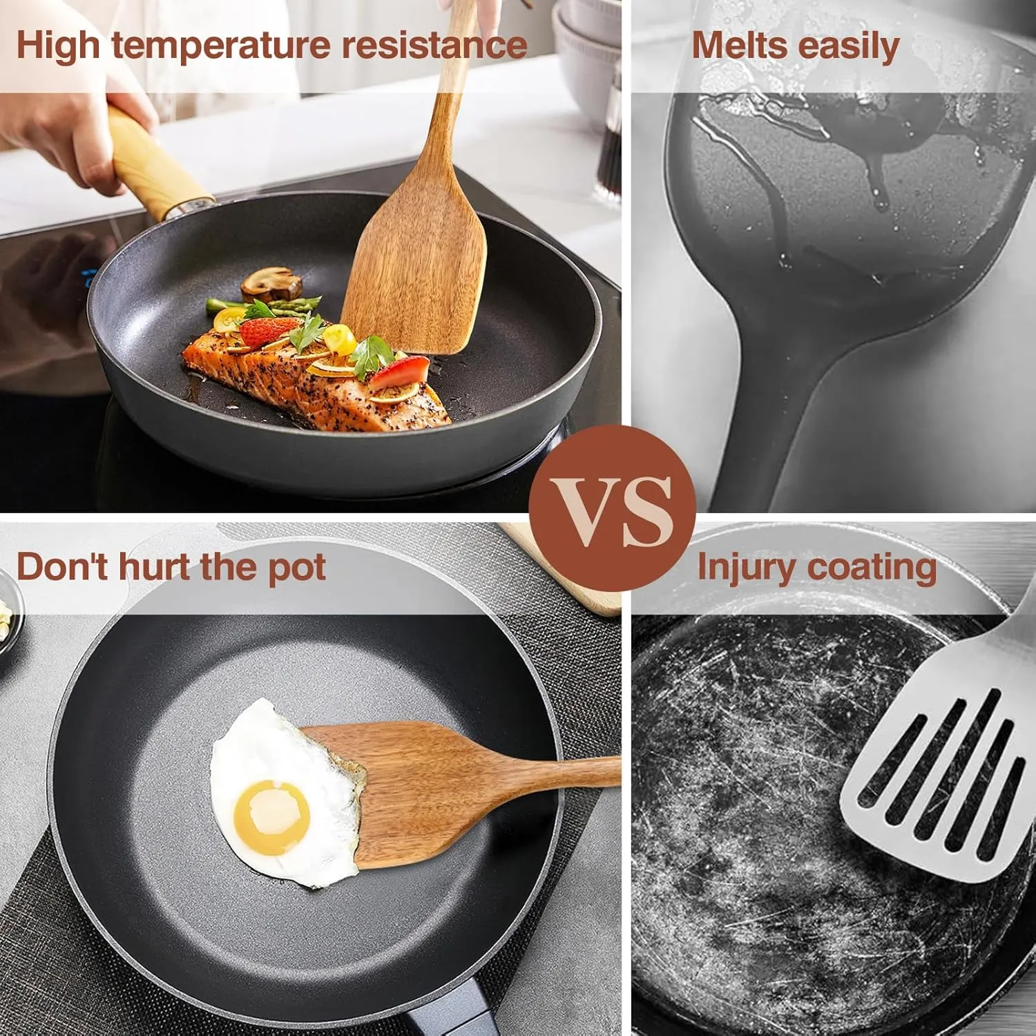 Wooden Cooking Utensils, 6 Pieces Natural Acacia Wooden Spoons For Cooking with Non Stick & Heat Resistant Design, Wooden Kitchen Utensil Set with Hanging Hole for Stirring, Mixing, Cooking