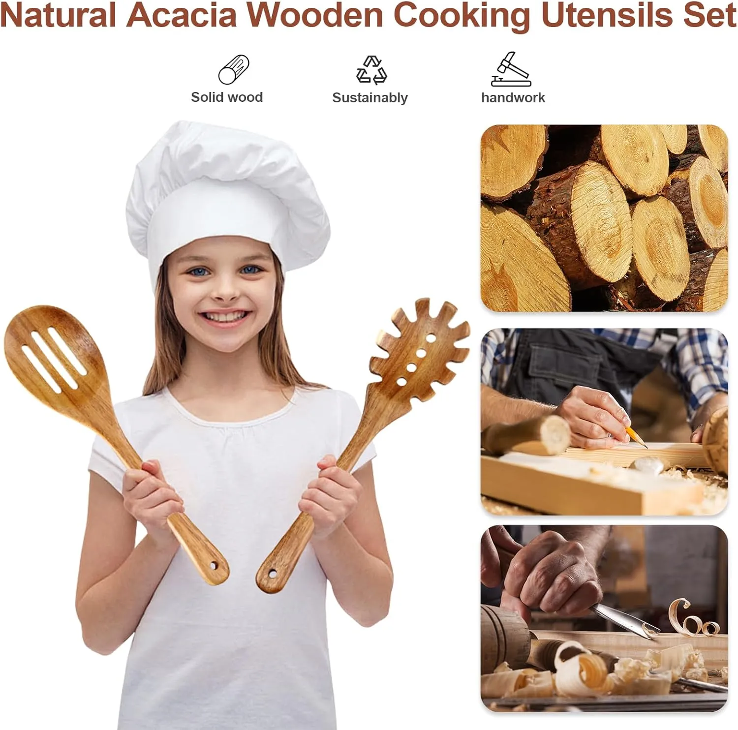 Wooden Cooking Utensils, 6 Pieces Natural Acacia Wooden Spoons For Cooking with Non Stick & Heat Resistant Design, Wooden Kitchen Utensil Set with Hanging Hole for Stirring, Mixing, Cooking