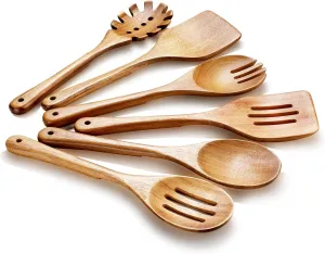 Wooden Cooking Utensils, 6 Pieces Natural Acacia Wooden Spoons For Cooking with Non Stick & Heat Resistant Design, Wooden Kitchen Utensil Set with Hanging Hole for Stirring, Mixing, Cooking