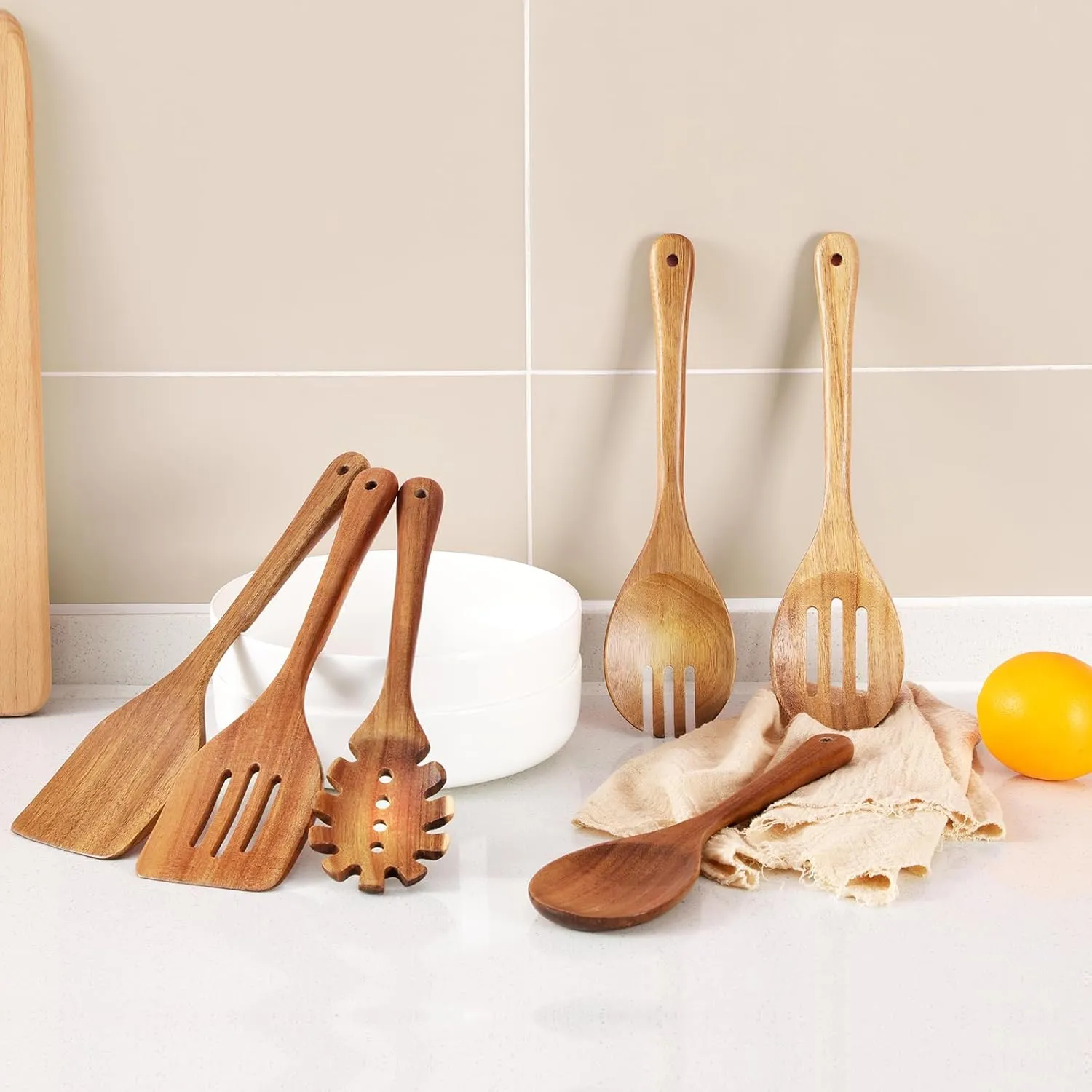 Wooden Cooking Utensils, 6 Pieces Natural Acacia Wooden Spoons For Cooking with Non Stick & Heat Resistant Design, Wooden Kitchen Utensil Set with Hanging Hole for Stirring, Mixing, Cooking