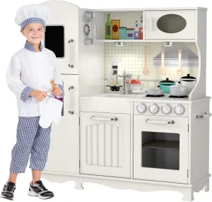 Wooden Play Kitchen for Toddlers & Kids – Pretend Kitchen Set with Sink, Oven, Stove, Microwave, Lights & 9 Accessories – Durable Wooden Kitchen Toy for Ages 3–8 – by Kiddery Toys