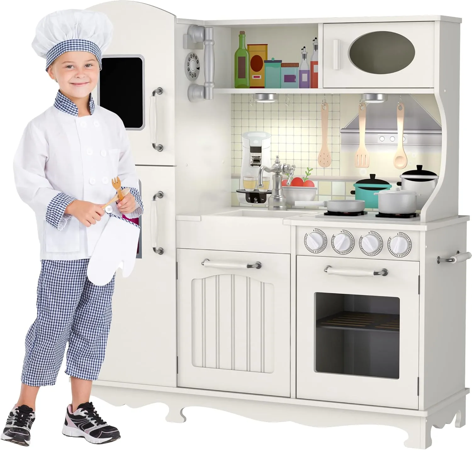 Wooden Play Kitchen for Toddlers & Kids – Pretend Kitchen Set with Sink, Oven, Stove, Microwave, Lights & 9 Accessories – Durable Wooden Kitchen Toy for Ages 3–8 – by Kiddery Toys