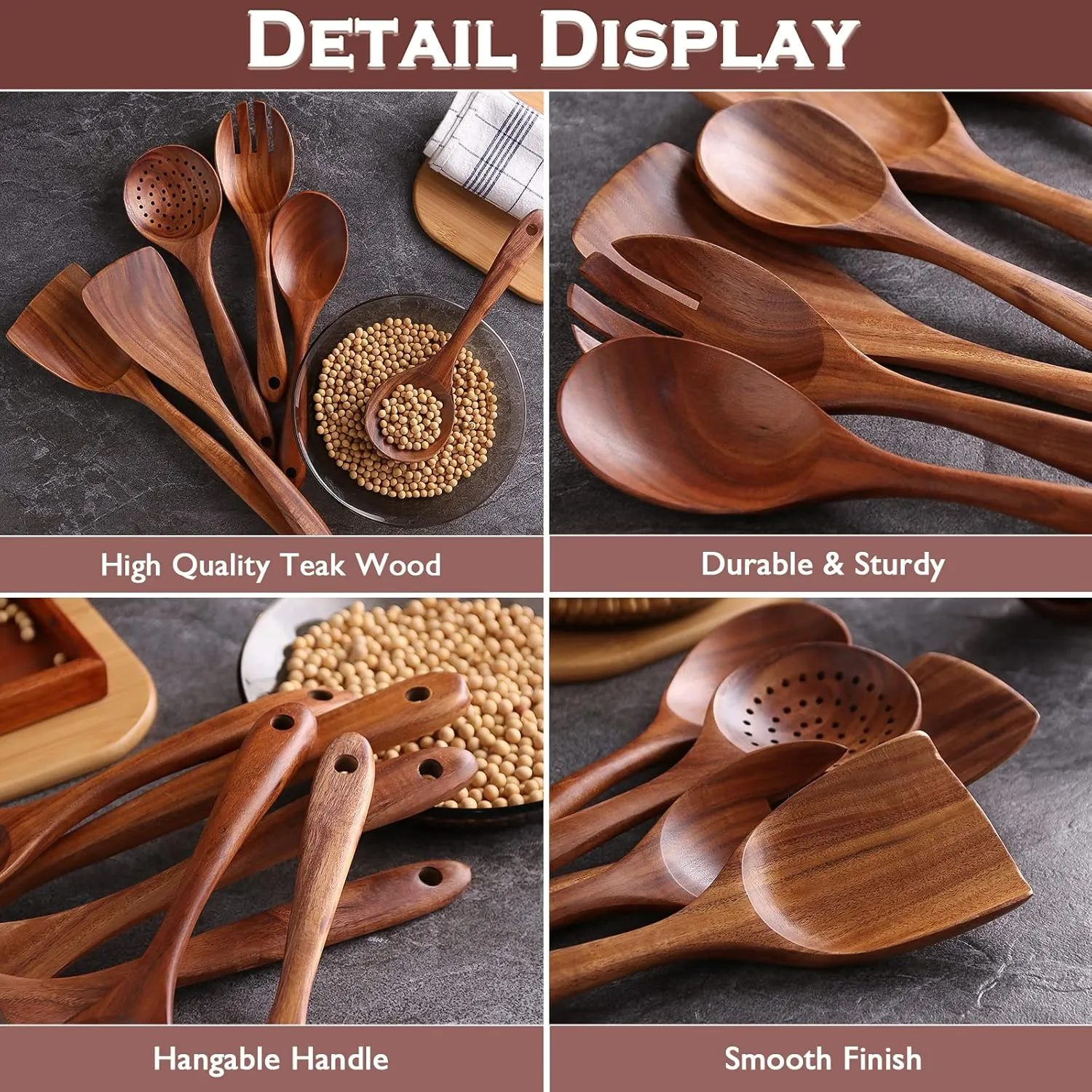 Wooden Spoons for Cooking, 6 Pcs Wooden Utensils for Cooking, Natural Teak Wood Non-Stick Cooking Spoons, Wood Utensils Set for Kitchen