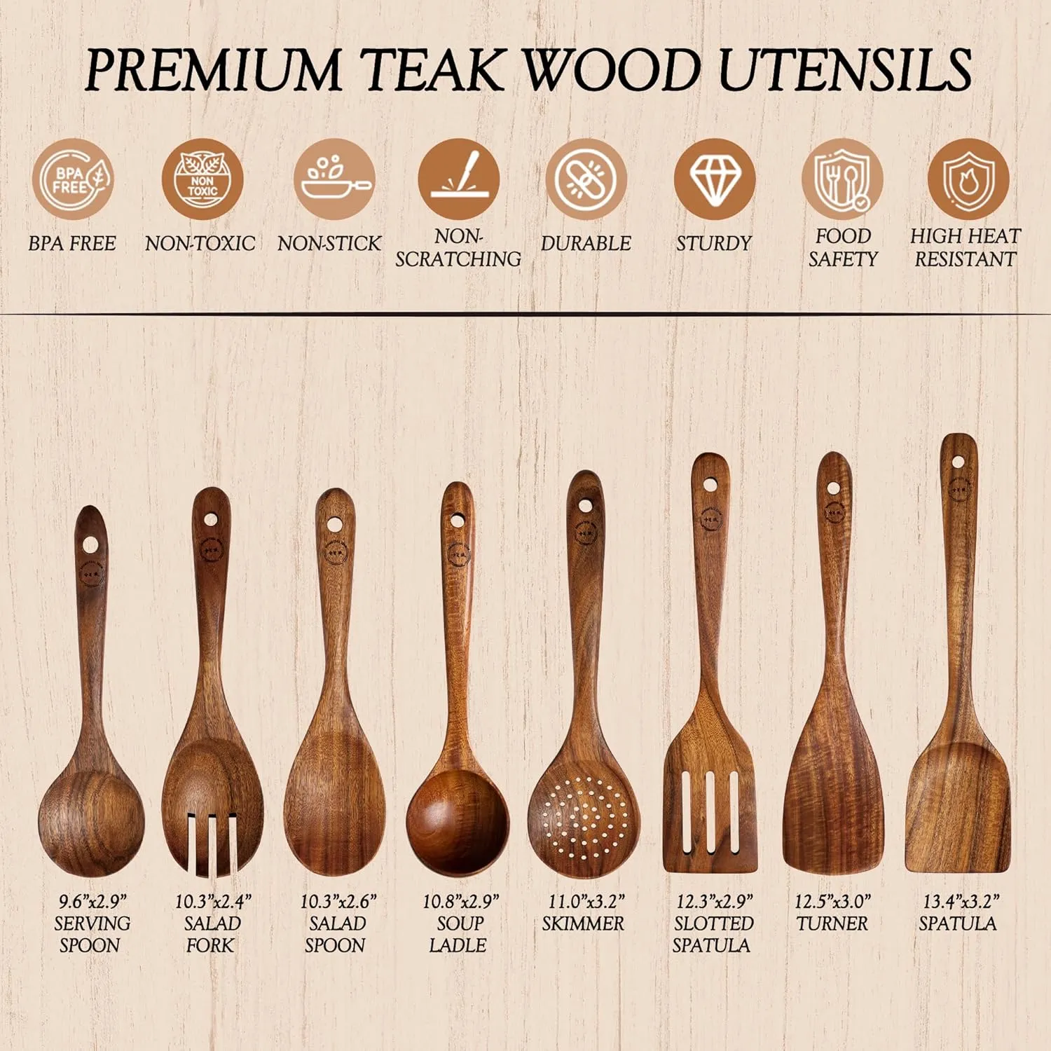 Wooden Spoons for Cooking - 8 Pcs Teak Wood Cookware Utensil Set with Smooth Finish - Non-Stick, Comfortable Grip - Durable, Heat Resistant Kitchen Utensils