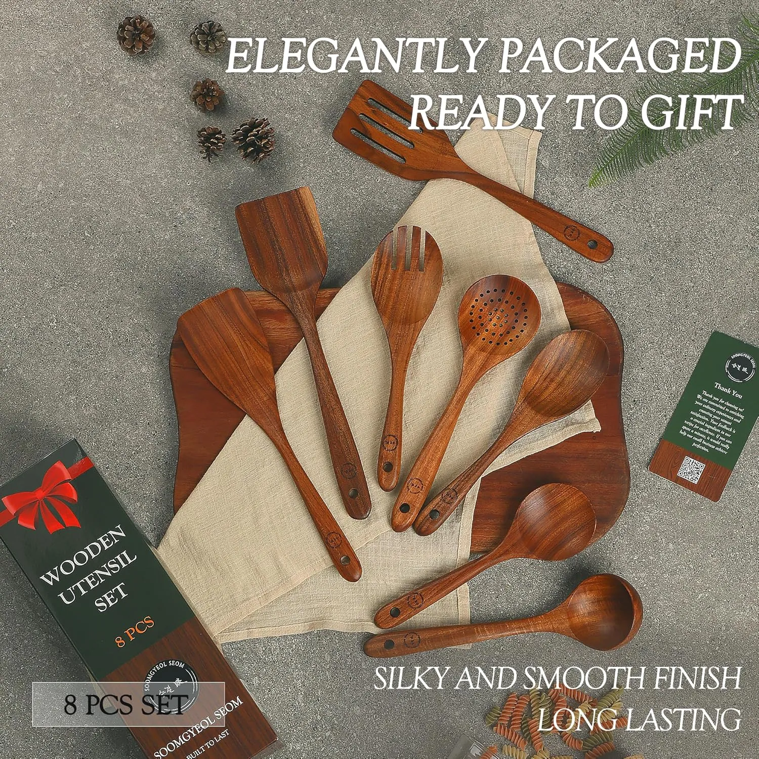 Wooden Spoons for Cooking - 8 Pcs Teak Wood Cookware Utensil Set with Smooth Finish - Non-Stick, Comfortable Grip - Durable, Heat Resistant Kitchen Utensils