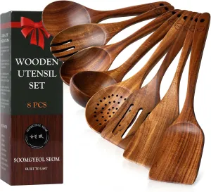 Wooden Spoons for Cooking - 8 Pcs Teak Wood Cookware Utensil Set with Smooth Finish - Non-Stick, Comfortable Grip - Durable, Heat Resistant Kitchen Utensils