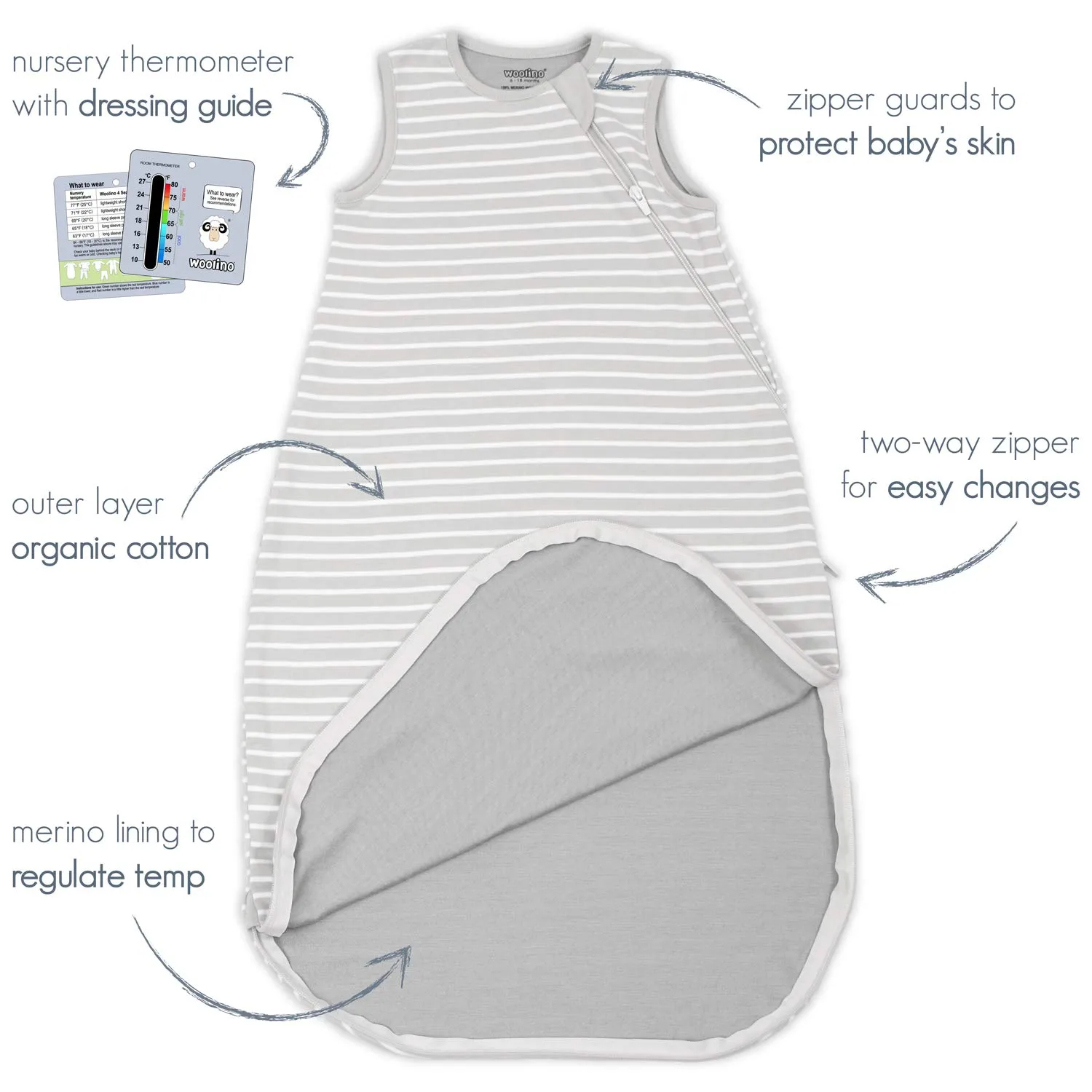 Woolino Merino Wool and Organic Cotton Baby Sleep Bag - 4 Season Classic Sleep Sack for Baby - Two-Way Zipper Sleeping Bag for Baby and Toddler - 6-18 Months - Butterfly