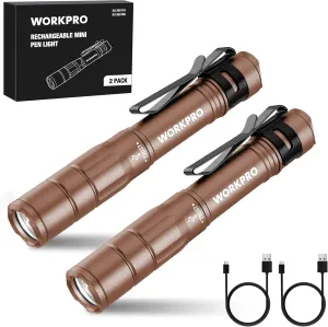 WORKPRO Rechargeable Pen Light, Mini Flashlight, 2 Pack Ultra-Compact EDC Flashlight, Pocket Flashlight with Clip, Memory Function and 2 x USB C Cable Included, Brown